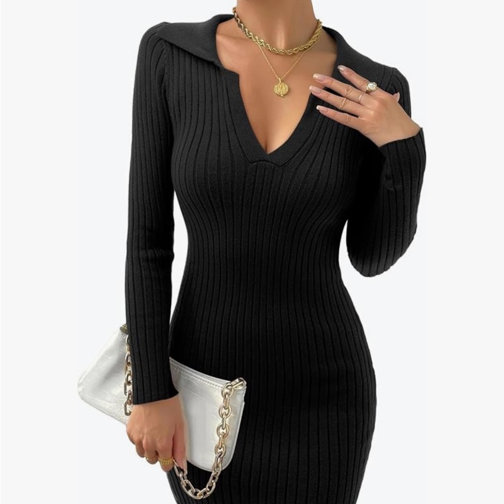 Long Sleeve V Neck
Mini Dress Ribbed Knitted Bodycon Dresse
